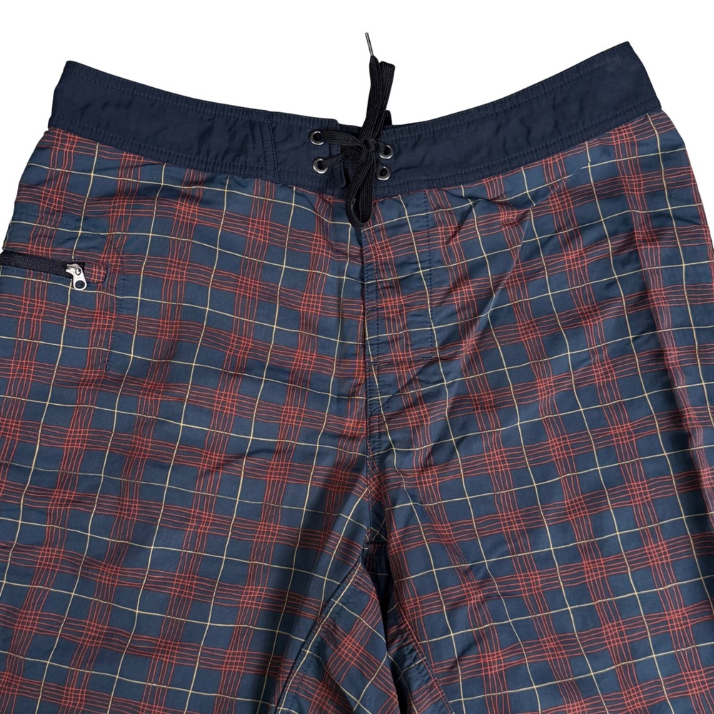 Patagonia Wavefarer Board Shorts Mens 32 Navy Orange Plaid Hybrid Swim Surf 11"